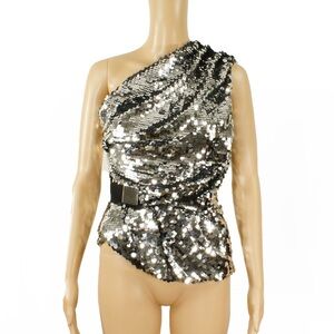 Carven Silver Metallic Sequin One Off Shoulder Disco Top